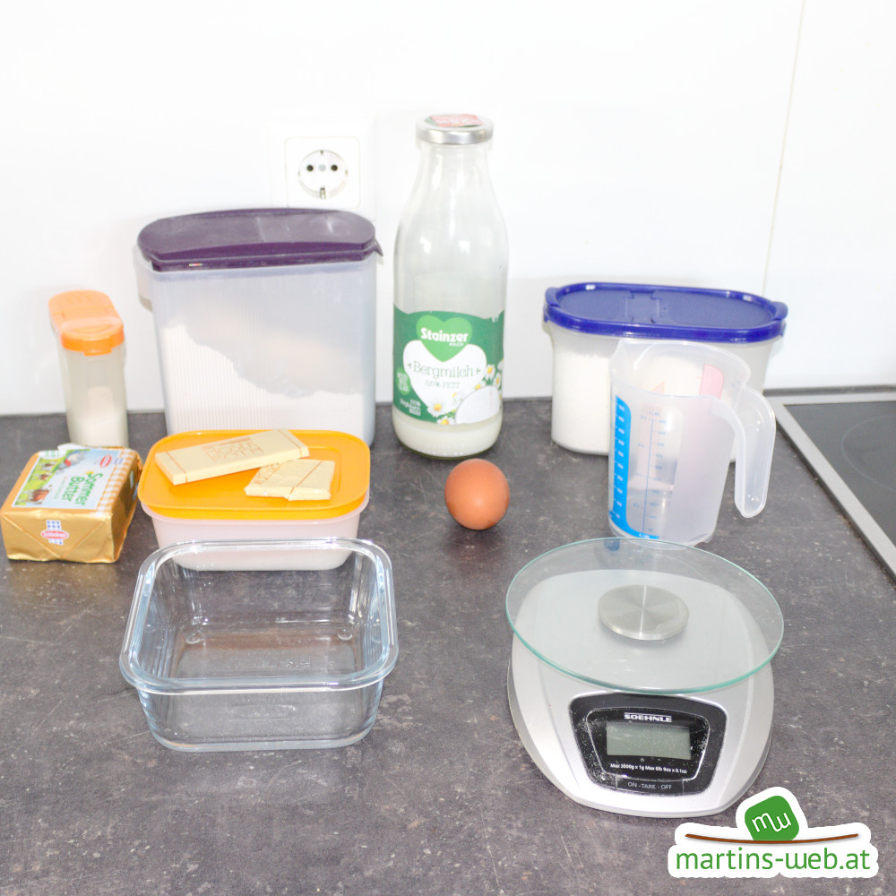 Die Zutaten für das Brombeer-weiße-Schoko-Dessert